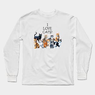 I Love Cats - funny watercolour cat designs, black cat, ginger cat, gray cat, bengal, tabby cat, lots of cats Long Sleeve T-Shirt